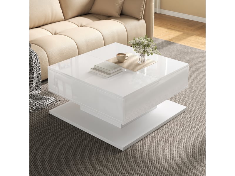  Table basse carrée 72x72cm, finition blanc brillant table de salon, plateau relevable avec éclairage led pour aménagement du salon.  - Conforama D
