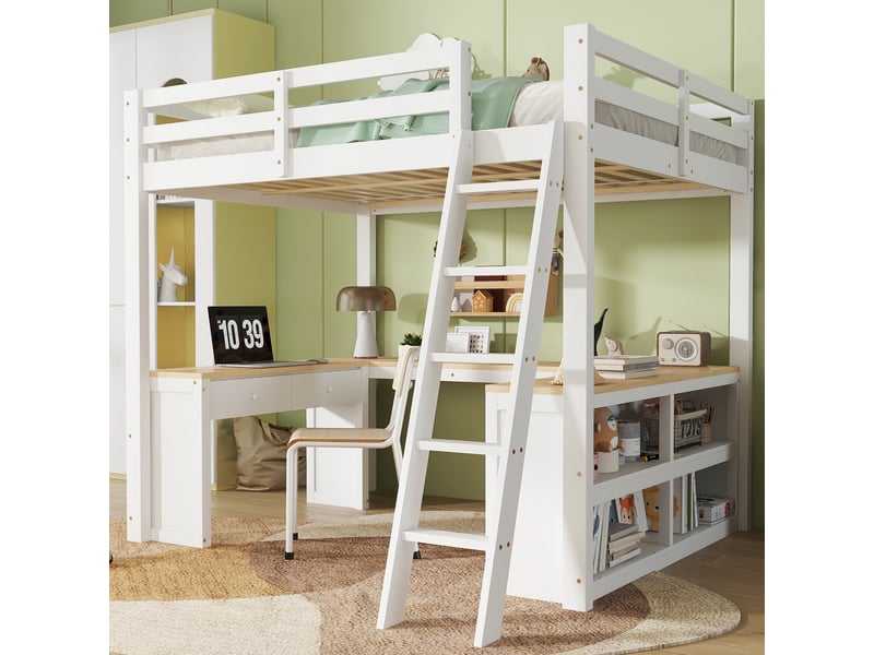 Lit mezzanine 140x200 cm, lit enfant avec bureau d'angle en u et rangement, en bois de pin et mdf avec 2 tiroirs et étagères, blanc et naturel - Conforama B