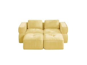 Canapé modulable 2 places avec deux poufs, canapé jaune en tissu polyester, assise profonde et mousse haute densité 32d pour le salon
