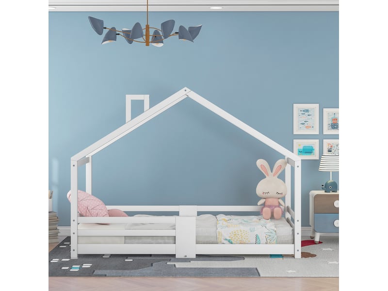 Lit cabane enfant blanc 90x200 cm avec barrières et cheminée - Conforama D