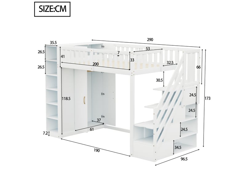  Lit mezzanine tcqpz 90 x 200 cm avec rangements, grand placard, échelle de sécurité, blanc  - Conforama C