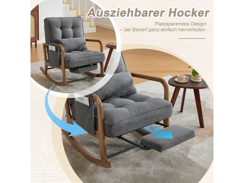  Fauteuil à bascule avec repose-pieds escamotable, dossier réglable et poche latérale en velours côtelé gris  - Conforama E