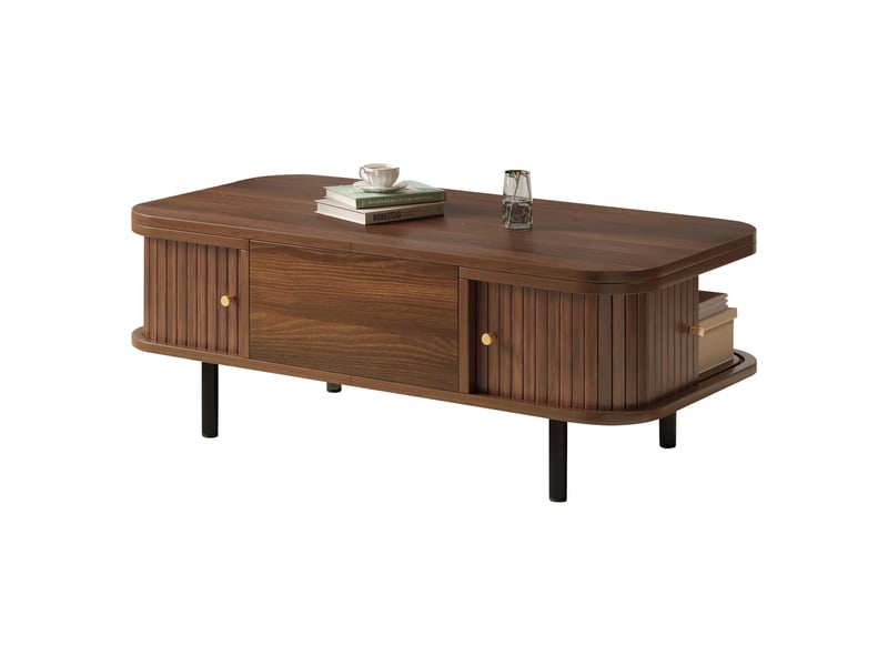 Table basse à bords arrondis 101 cm avec rangements, plateau relevable, coffre intégré, 2 portes à rideau, mdf et pieds métalliques, décor noyer Luxe haut de gamme - Conforama A