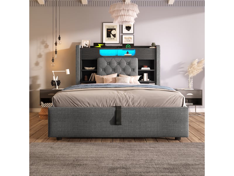  Lit coffre simple 90x200 cm en tissu gris avec rangement, led, usb et type-c, sans matelas  - Conforama B