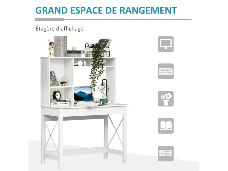  Bureau avec rangement bureau bibliothèque en bois moderne avec étagères et grand plateau pour petits espaces maison chambre à coucher, blanc, 105 x 50 x 137,5 cm  - Conforama A