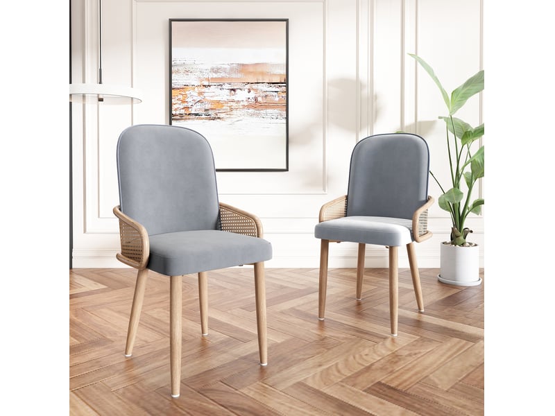  Chaises de salle à manger lot de 6 en velours avec design en rotin pe et pieds métalliques gris  - Conforama D