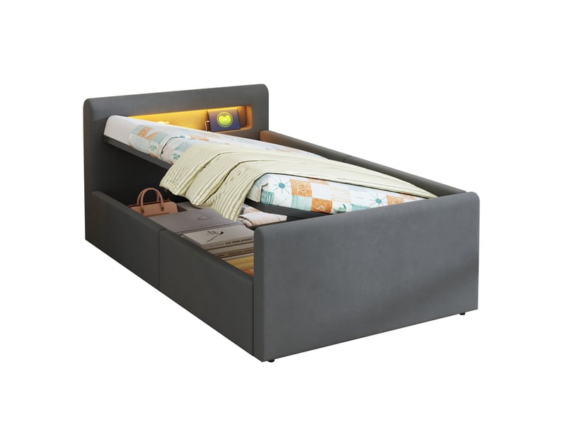  Lit coffre enfant 90x200 cm avec led et usb gris foncé  - Conforama A