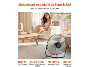Ventilateur de sol industriel 18 pouces, 4000 cfm, 3 vitesses, inclinaison 360°, métal robuste pour garage, salle de sport et bureau