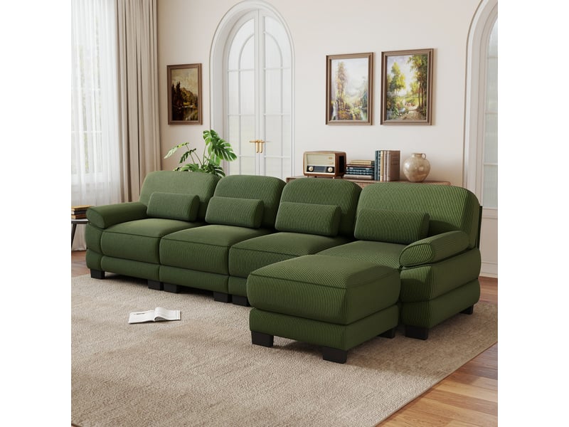  Canapé modulable en l 4 places 336x161x94 cm, combinaison flexible, assise profonde, avec pouf, tissu côtelé, vert  - Conforama B