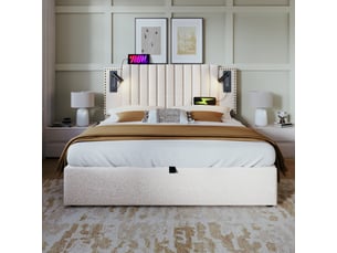 Lit coffre moderne 160x200cm, tête de lit réglable, rangement, lampe de lecture, port usb, coton beige, matelas inclus