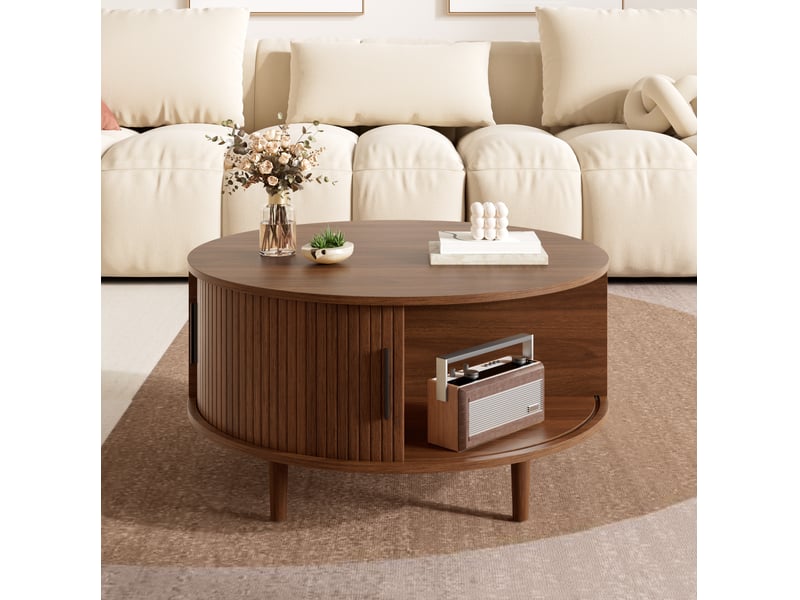 Table basse ronde 80x80 cm relevable avec rangement, coloris noyer - Conforama E