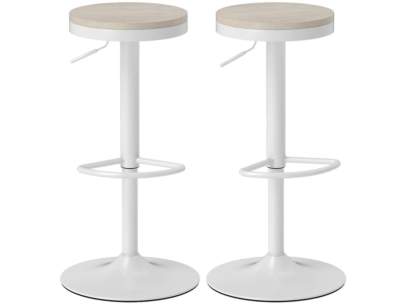 Lot de 2 tabourets de bar, chaises de bar pivotantes avec assise en hévéa, hauteur réglable et repose-pieds, blanc  - Conforama A