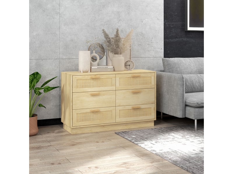  Commode design bohème en rotin avec 6 tiroirs, meuble de rangement pour le salon, le couloir, chêne, l'entrée  - Conforama W