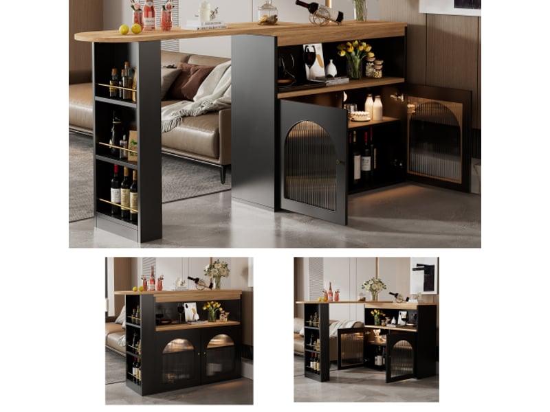  Table de bar extensible moderne 138-193x39x105cm, avec espace de rangement, bande lumineuse led, noir  - Conforama R