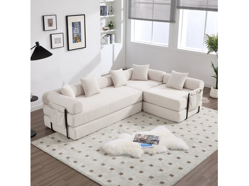  Canapé modulable convertible 4 places en velours côtelé beige, rangement latéral et modules flexibles  - Conforama B