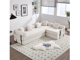 Canapé modulable convertible 4 places en velours côtelé beige, rangement latéral et modules flexibles
