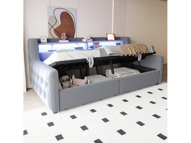  Lit coffre tcqpz 90 x 200 cm en velours gris avec led, rangement hydraulique, sommier à lattes, prises usb et type-c  - Conforama E