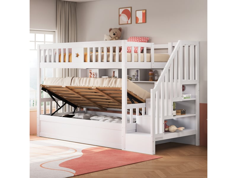  Lit superposé 90x200 cm - lit simple enfant avec escalier pratique et rangements - style moderne - bois de pin et mdf - sans matelas - blanc  - Conforama B