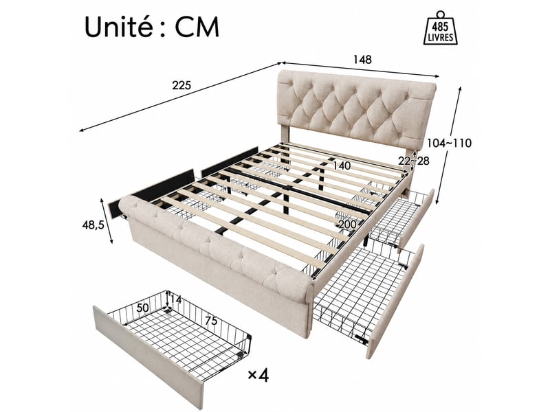  Lit capitonné avec tête de lit réglable, 4 tiroirs, matelas, naturel, 140 x 200 cm  - Conforama C