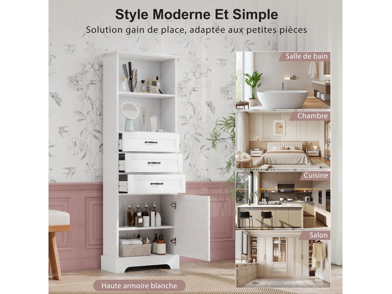 Meuble de salle de bain 56x25,6x167 cm, 3 tiroirs, armoire de rangement, design moderne, poignées noires, mdf blanc - Conforama D