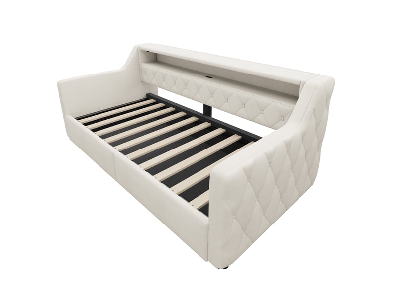  Lit de jour 90x200 cm avec led - lit coffre hydraulique en lin beige avec ports usb et type-c  - Conforama A