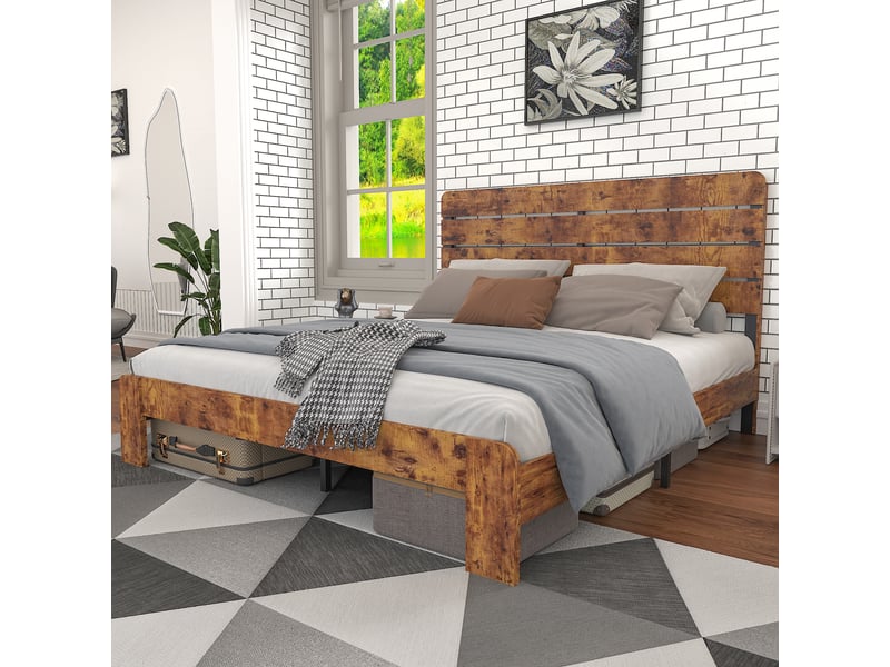  Lit 140x200 cm avec sommier à lattes, cadre de lit adult avec tête de lit haute, lit adulte, marron, lit 2 personnes  - Conforama C