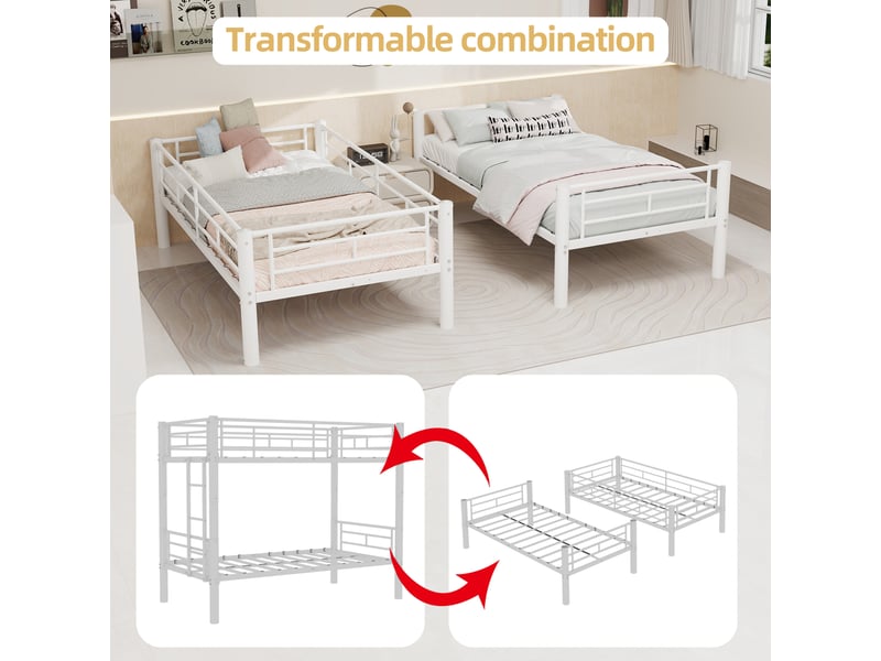 Lit superposé enfant 90x190 cm en métal convertible en 2 lits simples-échelle et barrières de sécurité-blanc - Conforama E