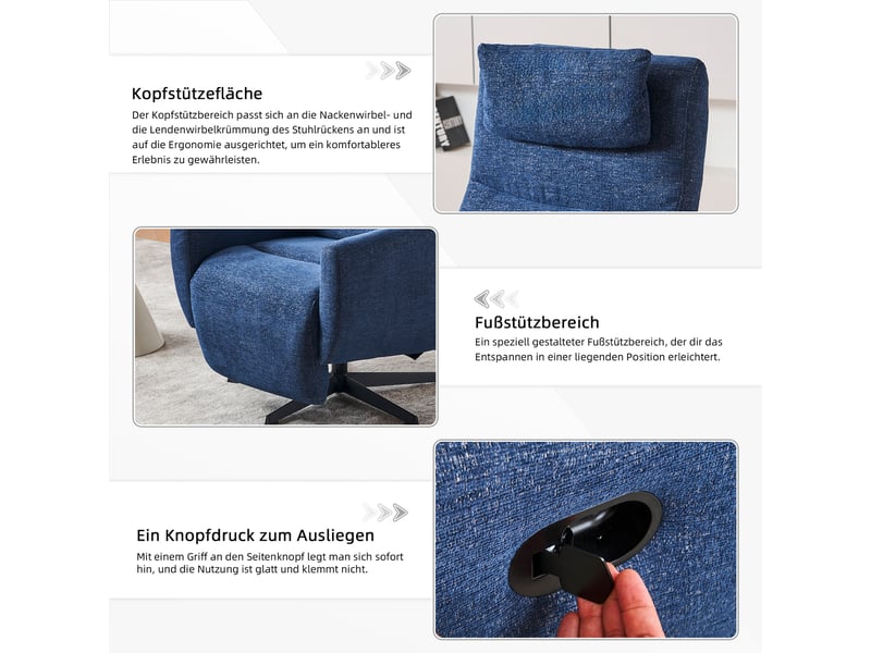  Fauteuil relax inclinable,67x80,5x110 cm,avec repose-pieds,chenille,bleu  - Conforama E