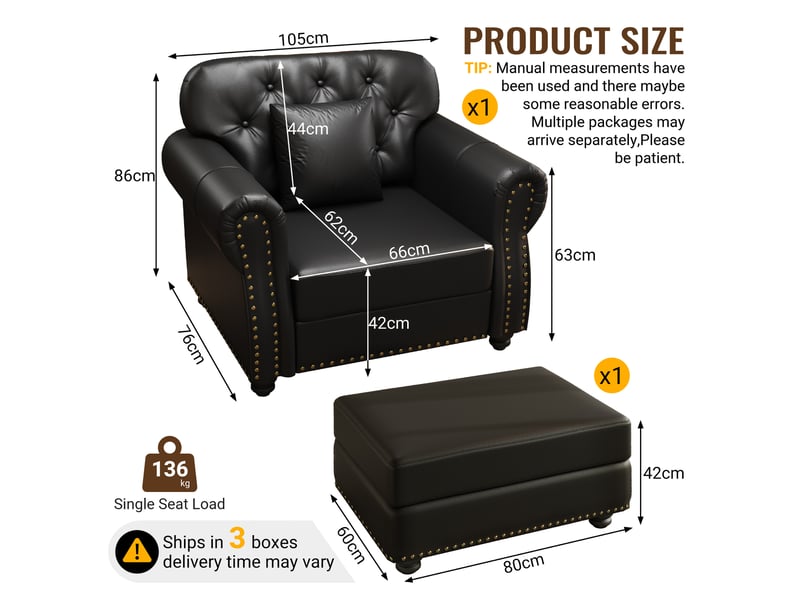  Fauteuil chesterfield 1 place + pouf en simili cuir noir, capitonné, 105 cm Fay Lum - Conforama C