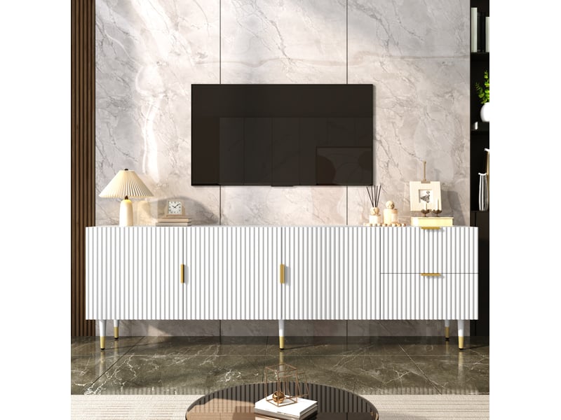  Meuble tv avec 3 portes, tiroirs, passe-câbles, pieds réglables et charnières silencieuses, 170 × 35,5 × 55 cm  - Conforama B