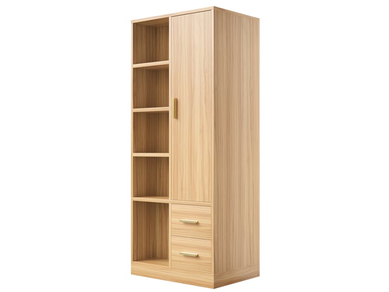  Armoire 70x50x170 cm, à 1 porte, 2 tringles et 2 tiroirs, rangements latéraux, poignées en métal, bois, couleur bois  - Conforama E