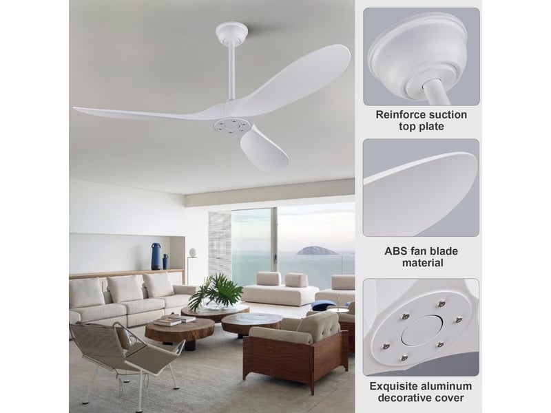 Ventilateur de plafond 152 cm sans éclairage 3 pales abs blanc réversible télécommande silencieux minuterie et mémoire - Conforama C