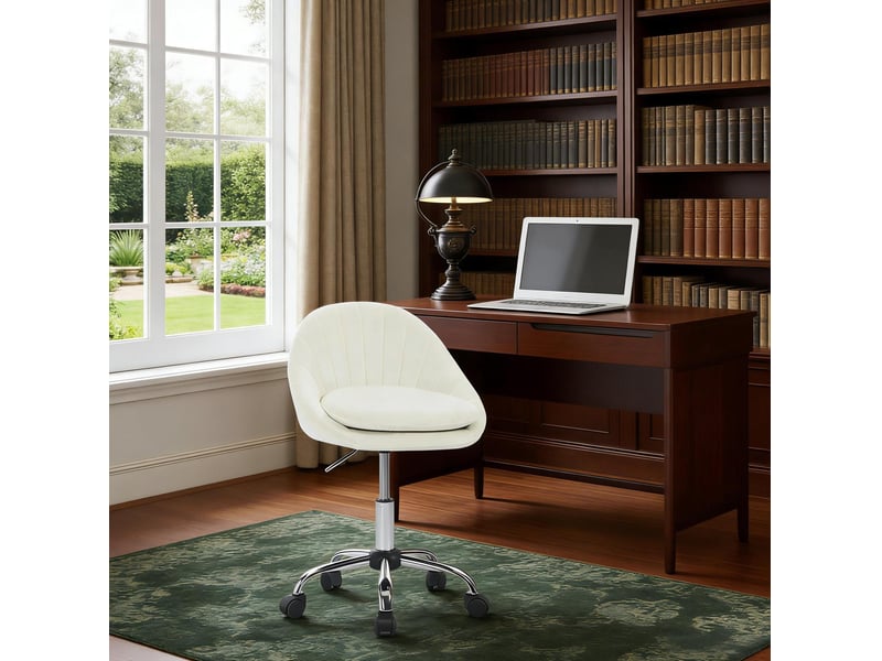  Chaise de bureau pivotante et réglable avec dossier ergonomique, roulettes et assise rembourrée en velours beige  - Conforama D