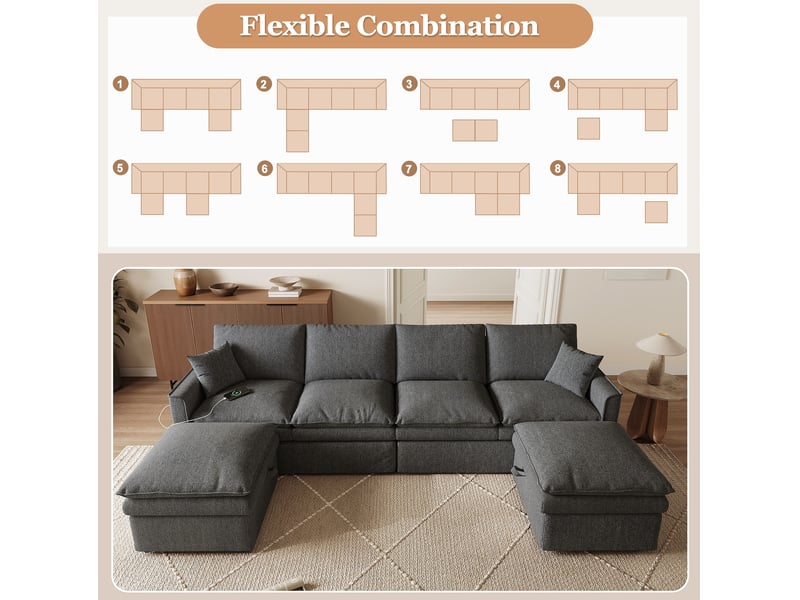  Canapé d'angle modulable 6 places 277x135 cm – gris – 2 poufs de rangement, ports usb et usb-c  - Conforama E