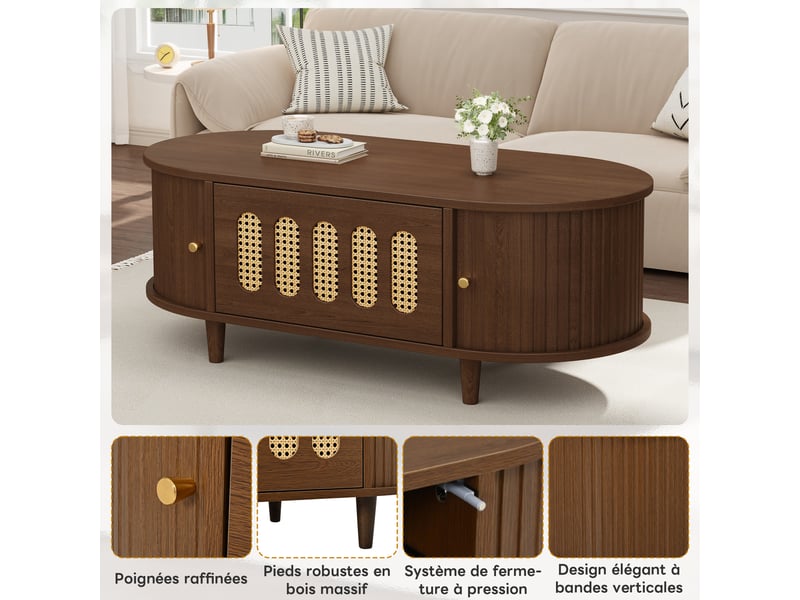 Table basse à bords arrondis 100 x 50 x 40 cm, 1 tiroir à pression, 2 portes à rideau, façade à cannage, mdf et pieds en bois massif, décor noyer Luxe haut de gamme - Conforama R