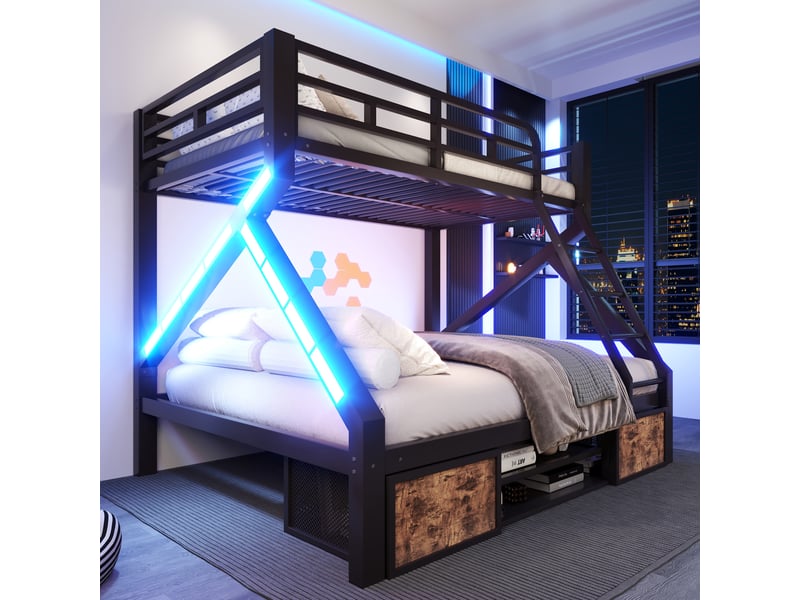  Lit superposé 90x200140x200 cm, rangement chaussures, rangement chaussures, led, échelle, garde-corps, structure métal, noir CozyNest - Conforama D