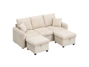 Canapé d'angle convertible 3 places, canapé en velours côtelé avec 2 poufs et espace de rangement, design modulable pour salon