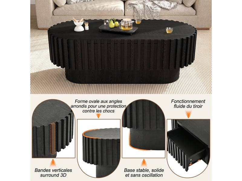  Table basse ovale noire avec tiroir 100x50 cm - lattes verticales mdf  - Conforama D