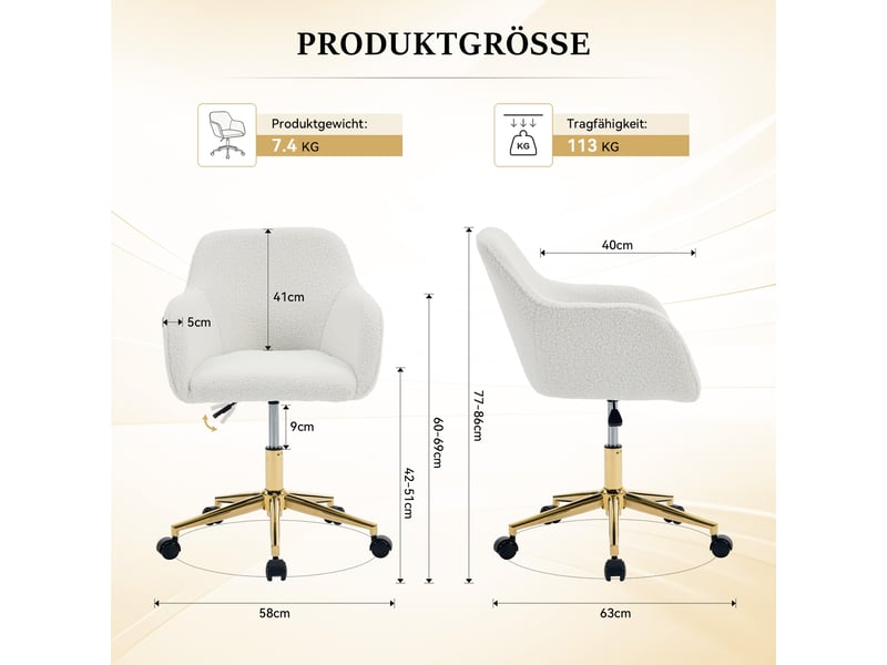  Chaise de bureau pivotante réglable en hauteur - lpospi - base dorée à roulettes, tissu bouclette ivoire  - Conforama D