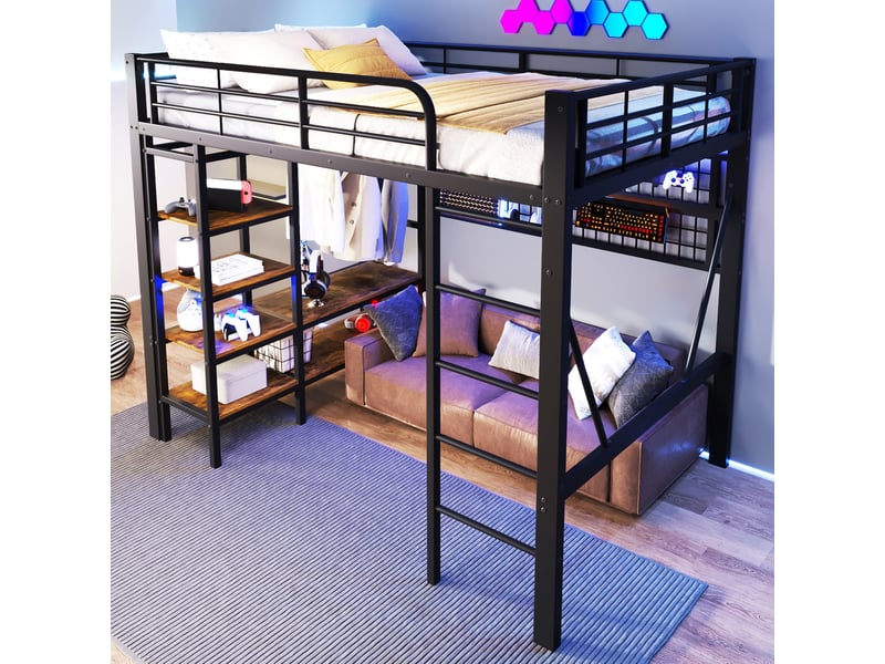  Lit mezzanine 140 x 200 cm, structure métal, led, bureau, étagères, panneau perforé, usb, sans matelas, noir  - Conforama C