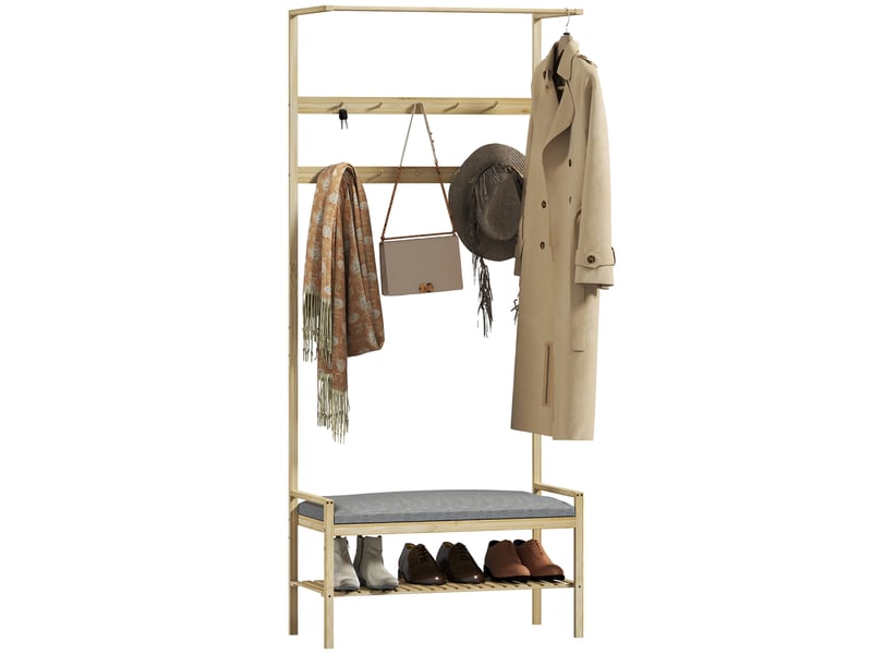  Porte-manteau avec banc à chaussures, crochets à chaussures et compartiment de rangement pour l'entrée, 73,5 x 34 x 171 cm, gris et naturel  - Conforama A