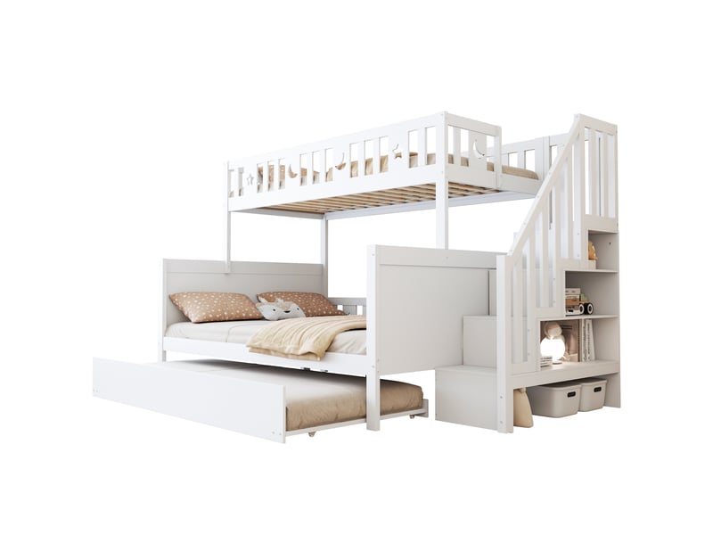  Lit superposé enfant 90 x 200 et 140 x 200 cm avec escalier et lit gigogne, blanc  - Conforama A
