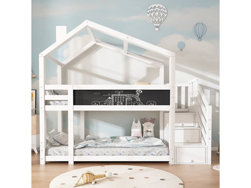 Lit superposé enfant 90x200 cabane avec tableau et escalier de rangement - bois massif blanc - Conforama R