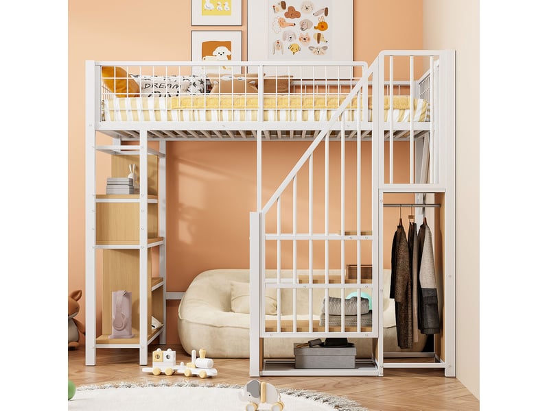  Lit mezzanine enfant 90x200 cm – blanc – escalier de rangement, étagères et placard intégré - sans matelas  - Conforama B