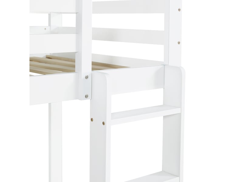  Lit superposé enfant 90 x 200 cm blanc en bois, 2 tiroirs, étagère ouverte et échelle intégrée pour chambre  - Conforama D