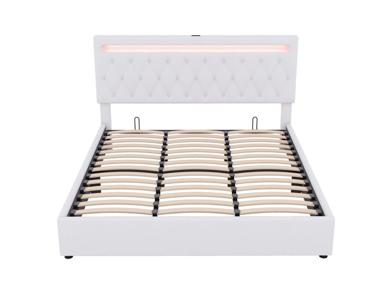  Lit coffre 180x200 cm avec sommier, lit double capitonné avec led et port usbtype-c, cadre de lit en adulte , tissu lin blanc  - Conforama A