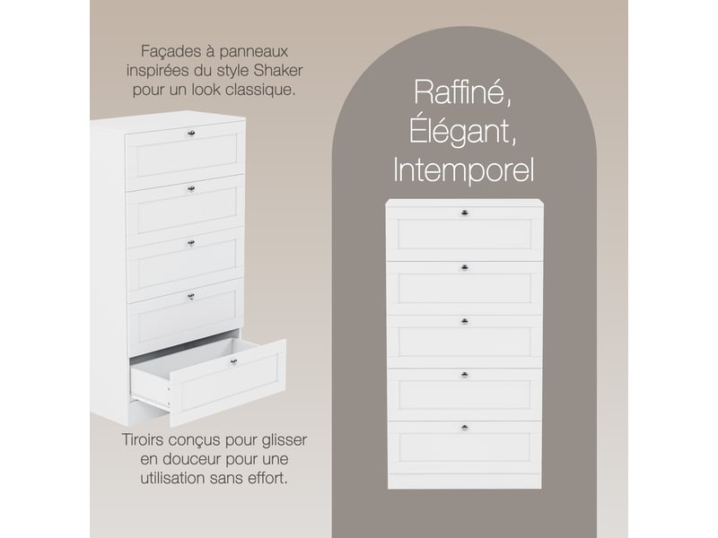  Commode altino 5 tiroirs, chambre, rangement vêtements, meuble, 121x65x36cm, blanc 3332184 - Conforama W
