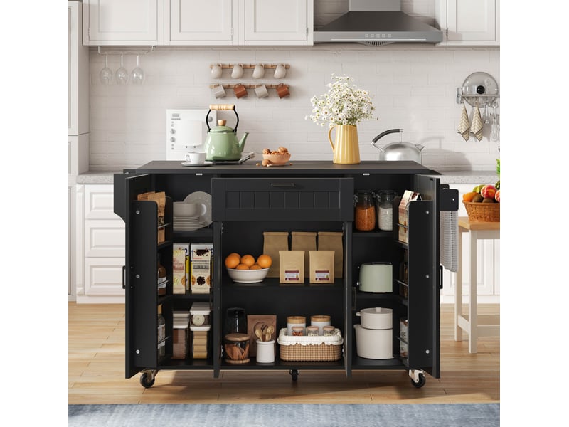  Îlot meuble cuisine 120x45(70)x95 cm pliant plateau extensible 120x70 cm 4 portes 1 tiroir rangements roulettes mdf noir  - Conforama R