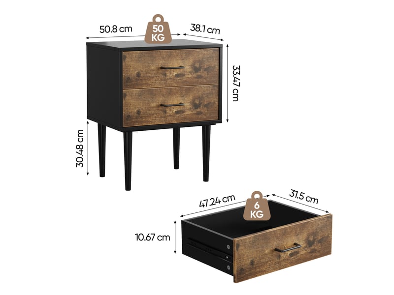  Table de chevet d'appoint 50,8x38,1x63,9 cm, 2 tiroirs, design rétro, pour salon, chambre, bureau, mdf, marron antique  - Conforama C