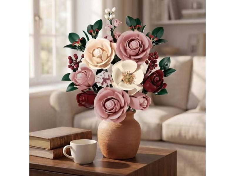  Set de construction bouquet de roses rose et lune – collection botanique, briques fleurs artificielles, déco maison et bureau  - Conforama C